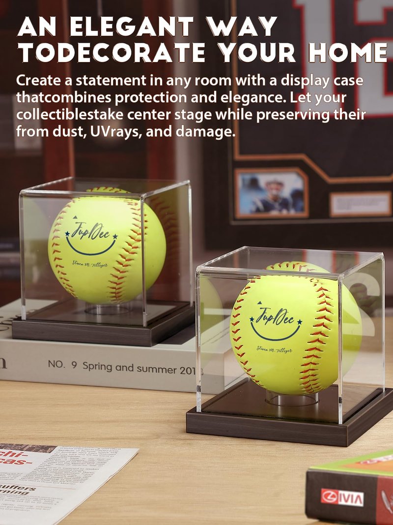 JupDec Softball Display Case Clear Acrylic Ball Holder, UV Protected Cube with Wood Base Stand, Championship Sports Collections Box Showcase, Black