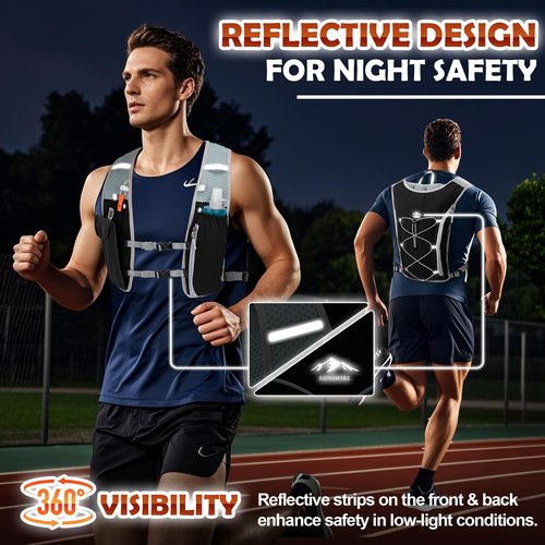 RAINSMORE Running Hydration Vest with 500ml Soft Flask, Waterproof Phone Pocket, Lightweight Hydration Pack, Adjustable No-Bounce Straps for Trail Running, Marathon, Cycling Black