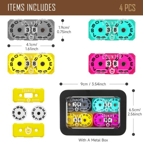 FIGURESLAB 4Pcs MTG Life Counter Twin Digits with Metal Box, Tracker Life Counter for Board Games, Compatible with Magic The gatering Accessories RPG D&D CCG TCG Tabletop Board Games