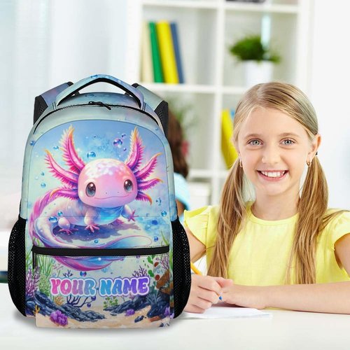 MEETUHONEY Personalized School Backpack for Kids - 17 Inch Axolotl Kids School Bag for Elementary - Portable Lightweight Animals Backpacks for Preschool