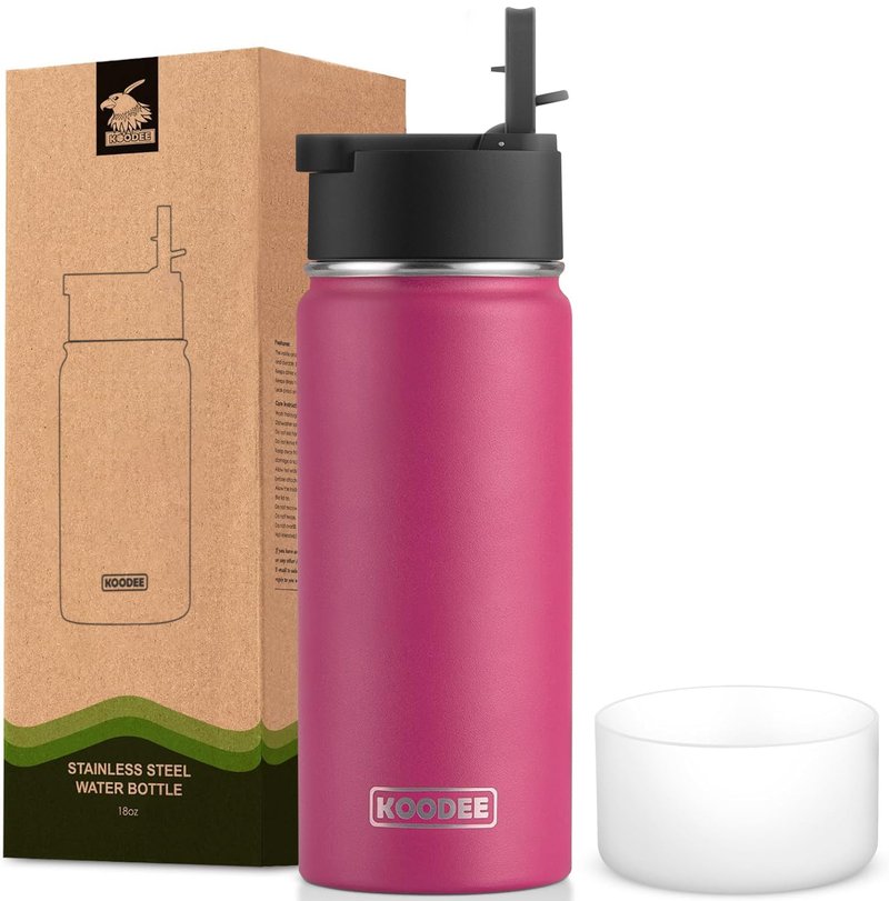 koodee Insulated Water Bottle -18 oz Stainless Steel Vacuum Water Bottle with Straw Lid-Wide Mouth Sports Flask BPA Free (Rose Red)
