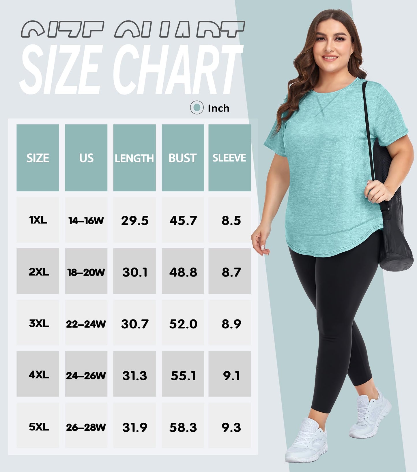 COOTRY Plus Size Workout Tops for Women Short Sleeve Loose fit Shirts Athletic Gym Yoga Clothing Light Blue 5XL