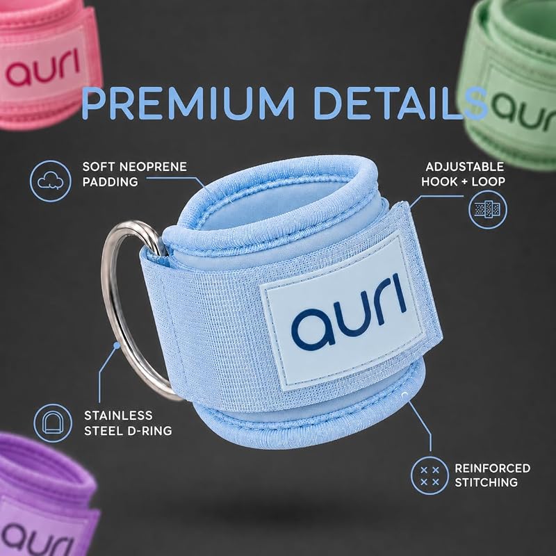 Ankle Strap for Cable Machine - Padded Neoprene Cuff with Stainless Steel D-Ring, Skye Blue - Pair