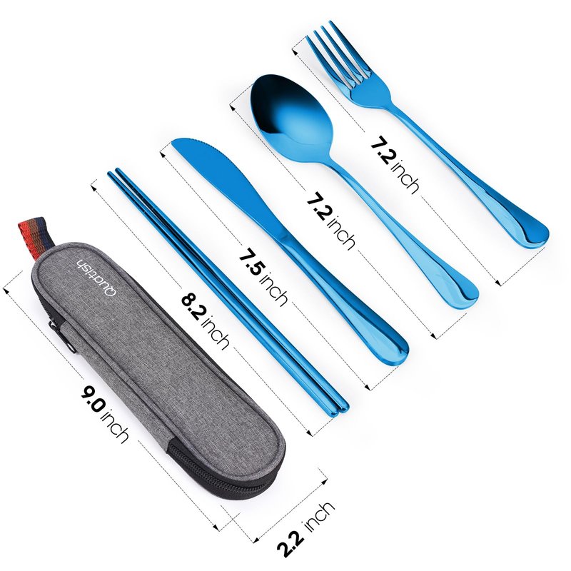 Travel Utensils with Case, Quatish Portable Silverware Set for Work, Stainless Steel Reusable Travel Cutlery, Fork and Spoon Set for Camping, Picnic, Gadgets, Lunch Box for Men, Christmas Gift, Blue