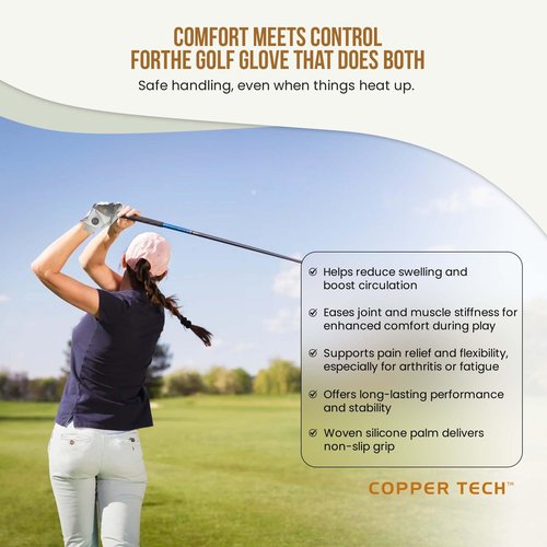Copper Tech Plus Womenβs Copper Infused Golf Glove β White/Khaki β Compression Support, Non-Slip Grip, Arthritis Relief, Pain Support, USGA Approved, One Size