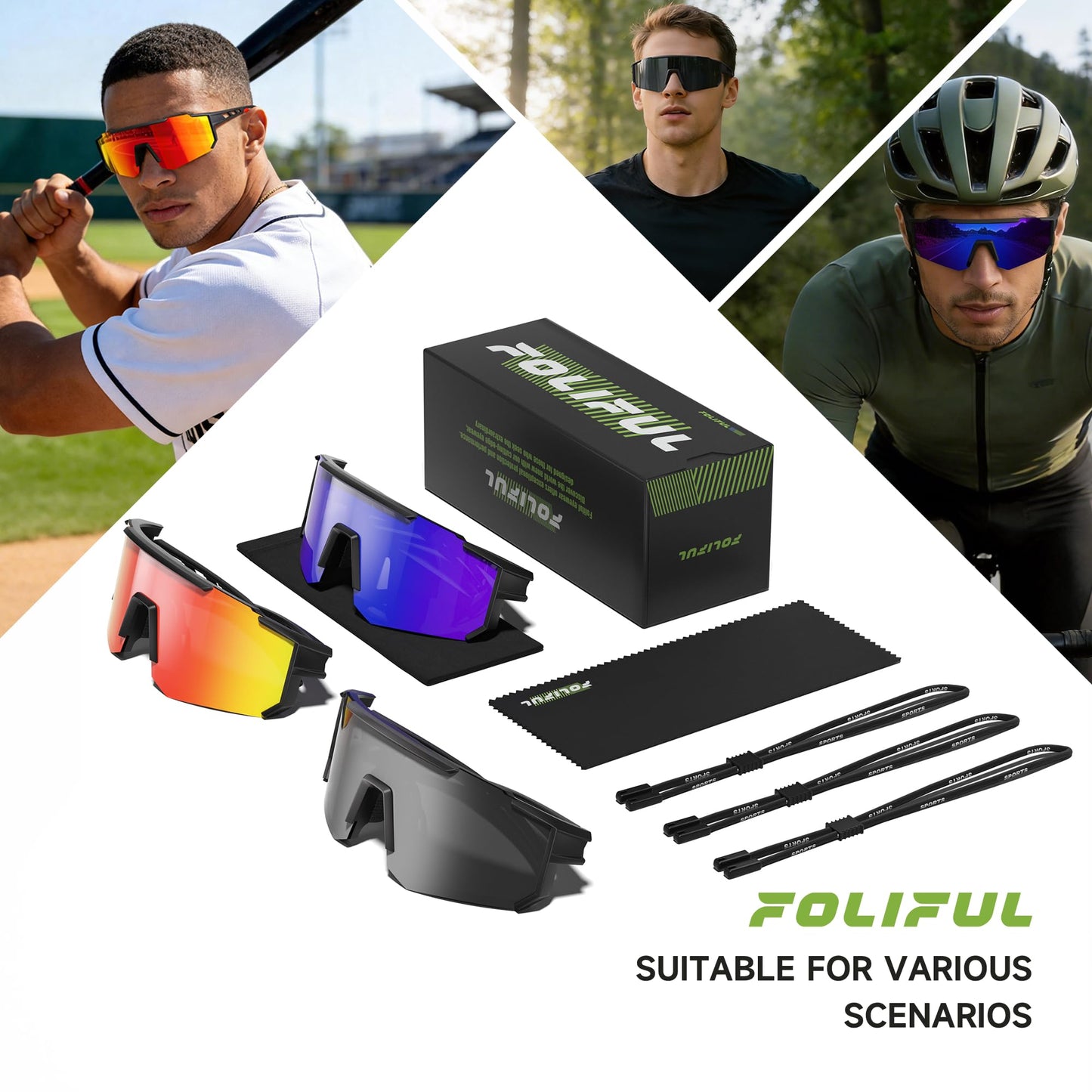 Foliful 3 Pack Polarized Sports Sunglasses Men Women, Running Mens Sunglasses UV Protection for Baseball Cycling Fishing, Grey/Dark Blue/White