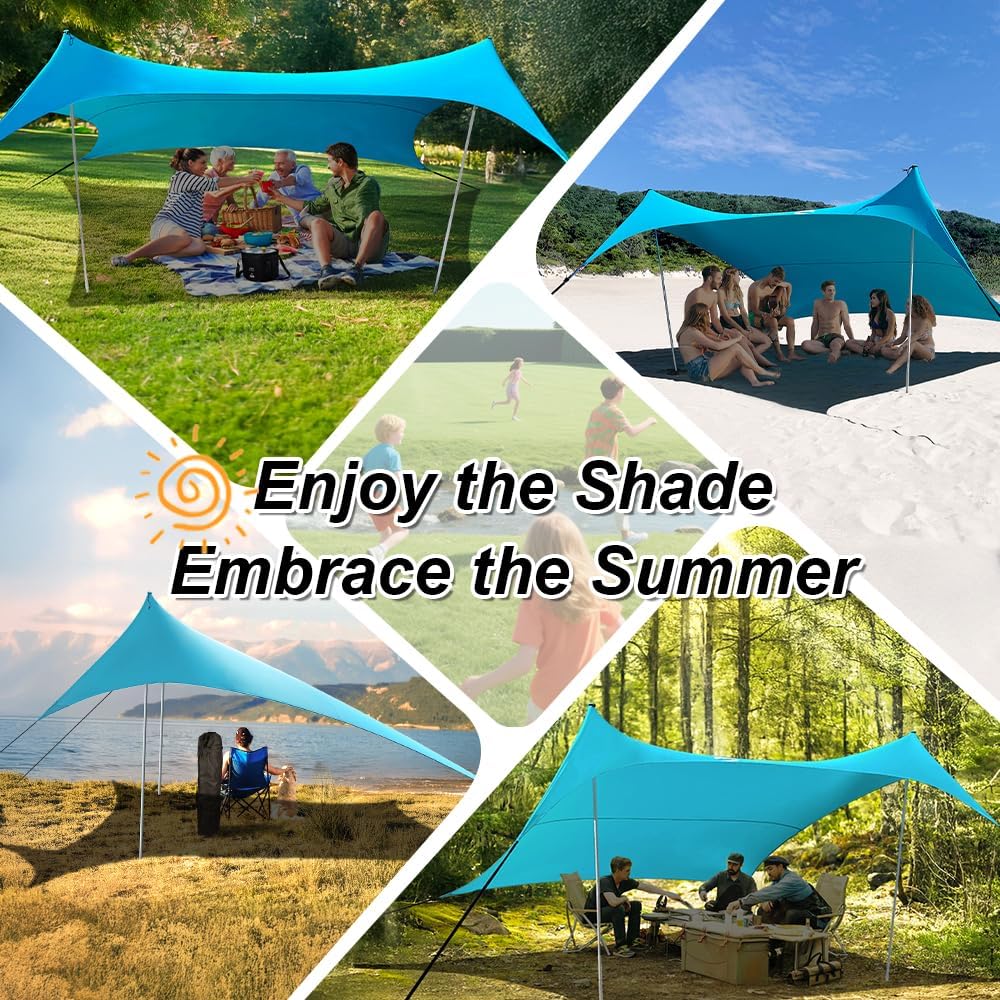 10×10ft UPF50+ Beach Tent Sun Shelter, Windproof Stable Outdoor Pop Up Beach Shade Canopy for Camping, Fishing, Backyard Fun or Picnics, 2 Poles