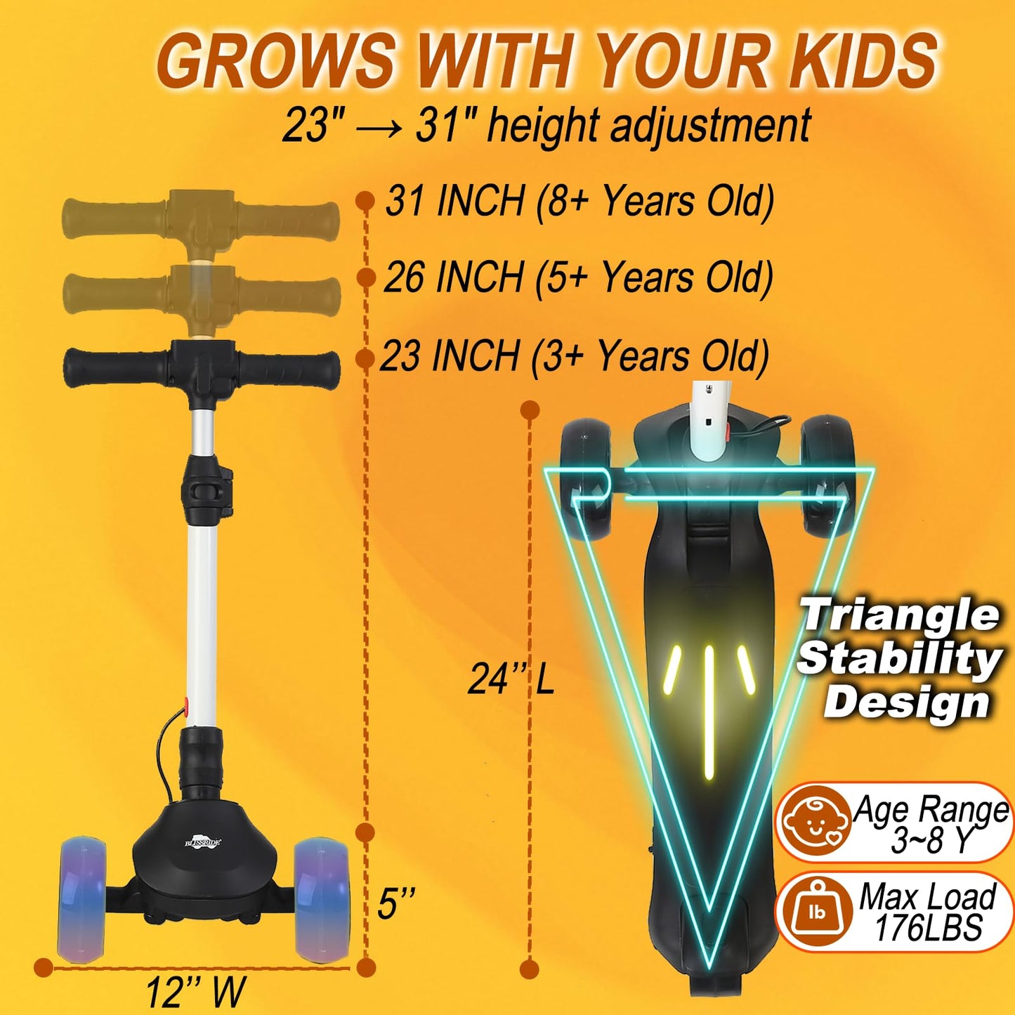 24V Electric Scooter for Kids, 3 Wheel Kick Scooter w/LCD Screen, 150W Motor, Thumb Throttle, 3 Height, 5Mph Speed, Light-up Wheels & Wide Deck, Foldable Balance Scoot for Boys, Girls 3-8, BL