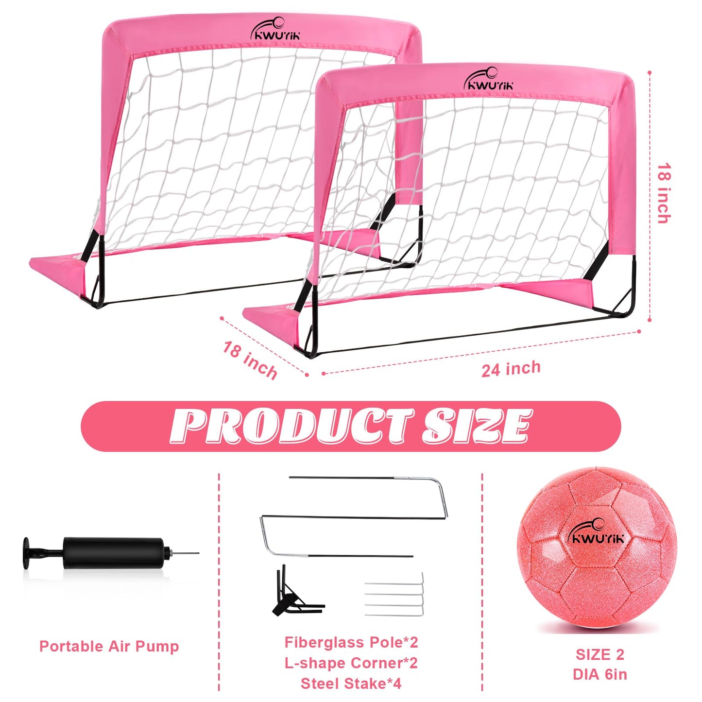 2 Pcs Pink Mini Soccer Goals Set 2x1.5x1.5ft Indoor Soccer Nets for Kids with Size 2 Toddler Soccer Ball Foldable Net Toy with Pump for Children Boys Girls Backyard (Pink)