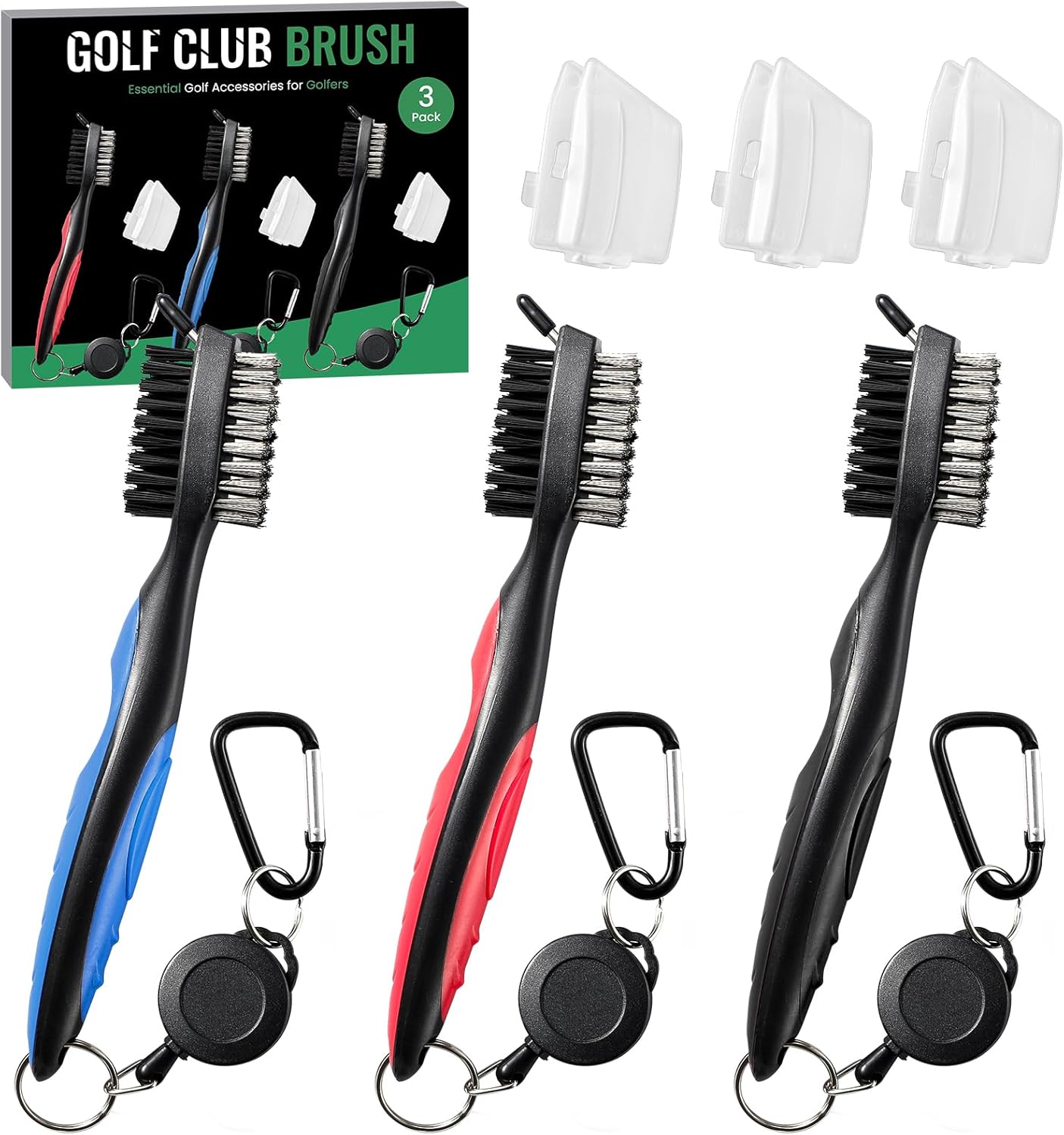 3 Pack Golf Club Brush and Club Groove Cleaner with Retractable Zip-line and Aluminum Carabiner Cleaning Tools , Golf Accessories, Golf Gifts for Men , Golf Ball Cleaner, Easily Attaches to Golf Bag