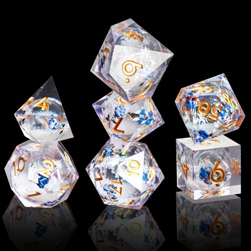 Liquid Core Flower DND Dice Set,7 PCS Resin Polyhedral Dice Set for Dungeons and Dragon RPG MTG Table Game (White Liquid)