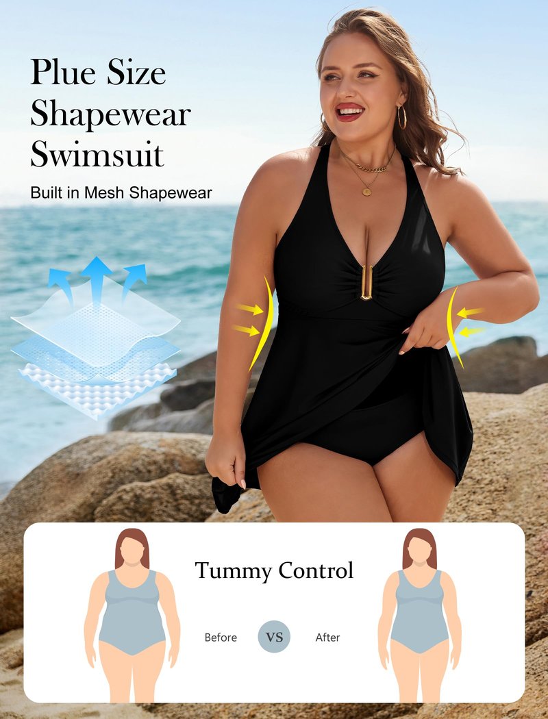 Arolina Swim Dresses for Women Modest Tummy Control Swimsuits Black One Piece Swimsuit Cute Full Coverage Bathing Suit XL