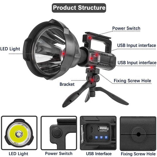 ZEUSFIRE Rechargeable Spotlight Flashlight High Lumens, 3000 Lumens Super Bright Led Searchlight with Tripod and USB Output, IPX5 Waterproof 4 Modes Handheld Spotlight for Camping Hiking