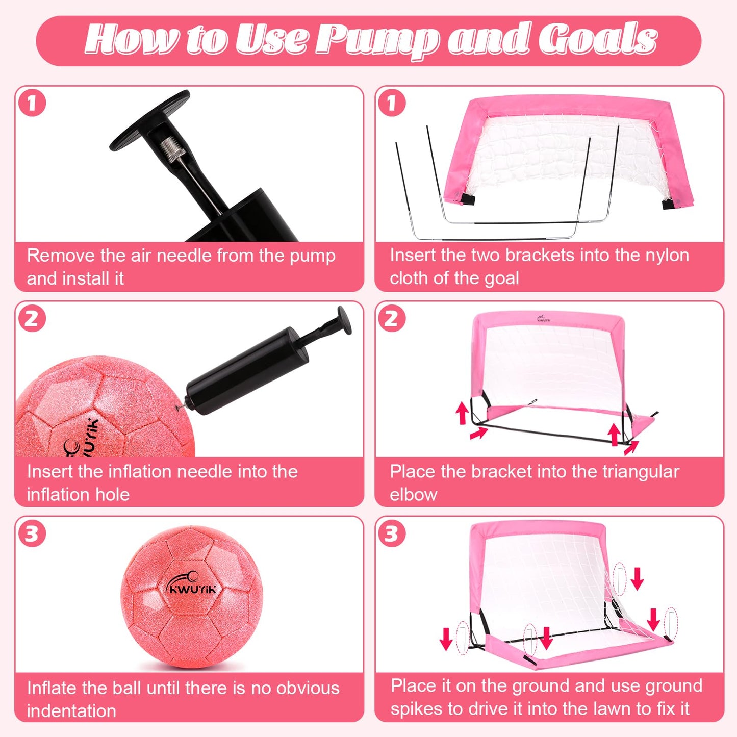 2 Pcs Pink Mini Soccer Goals Set 2x1.5x1.5ft Indoor Soccer Nets for Kids with Size 2 Toddler Soccer Ball Foldable Net Toy with Pump for Children Boys Girls Backyard (Pink)