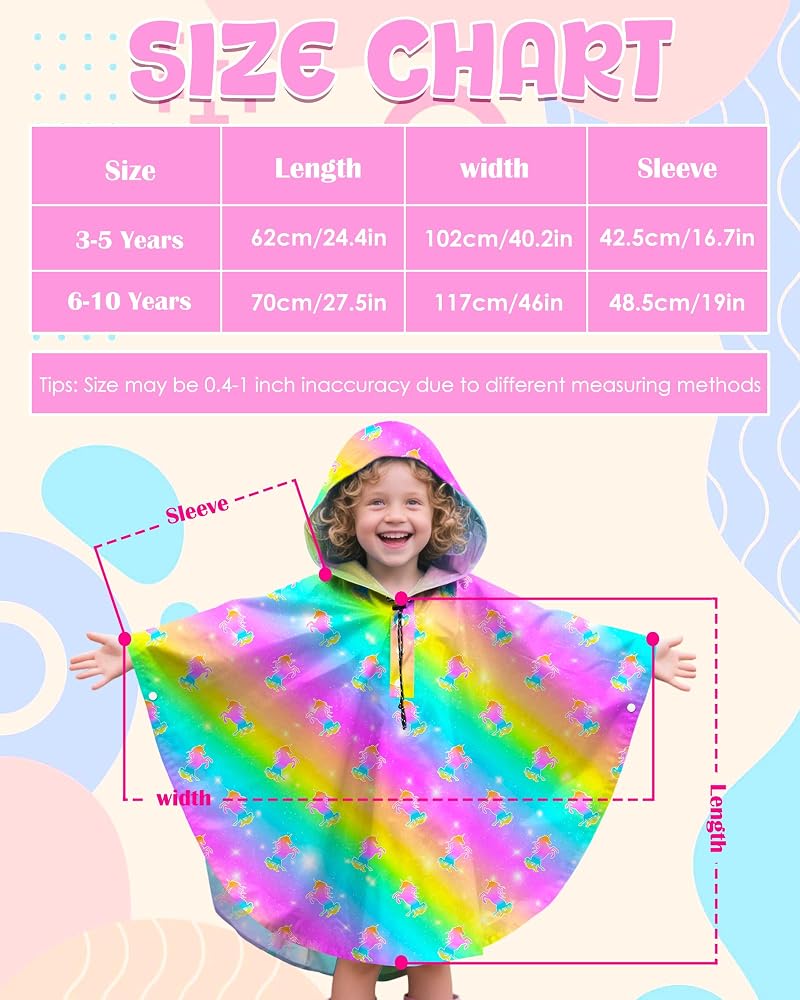 Rainbow Mermaid 3-5T Kids Rain Poncho with Hood - Reusable Waterproof Lightweight