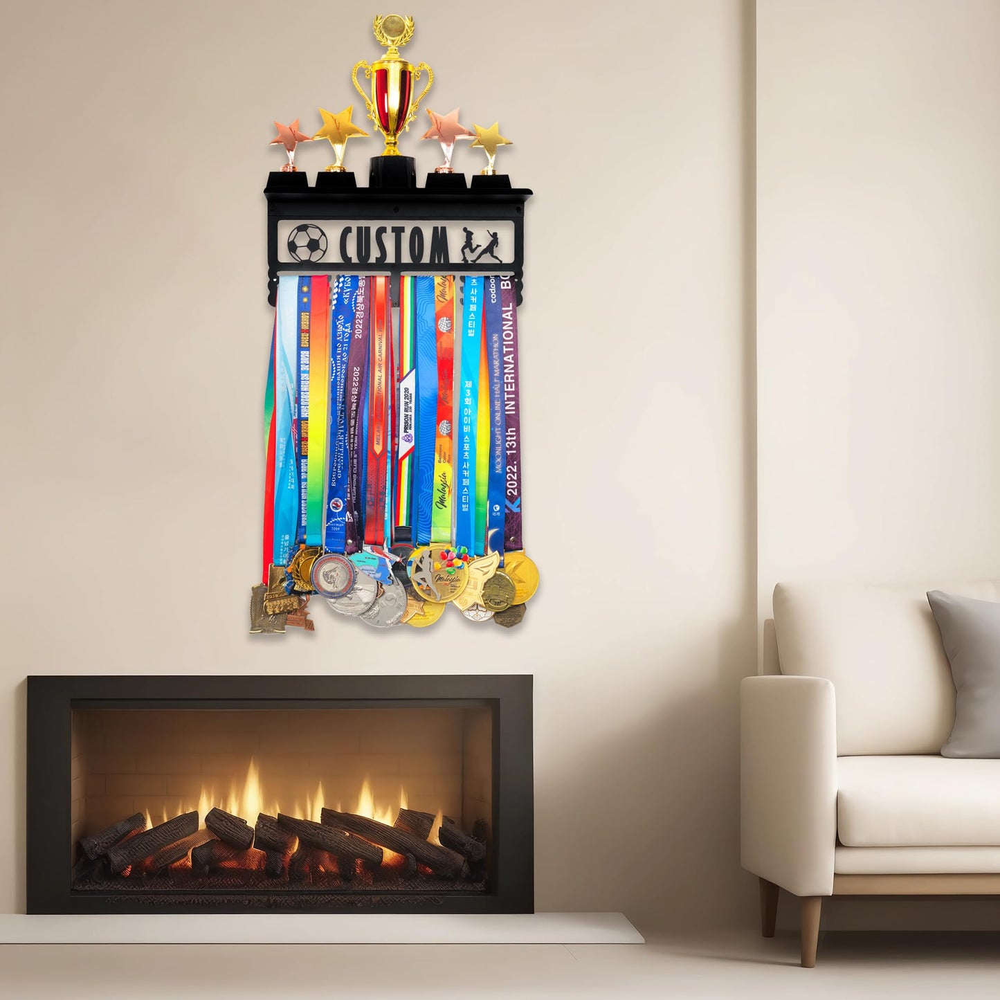 Personalized Medal Wall Hanger with Shelf - 70+ Medal Display Rack with Custom Name Engraving - Stainless Steel, Secure Hooks - Running Race Medals + Trophies/Photos Holder for Homes/Gyms/School