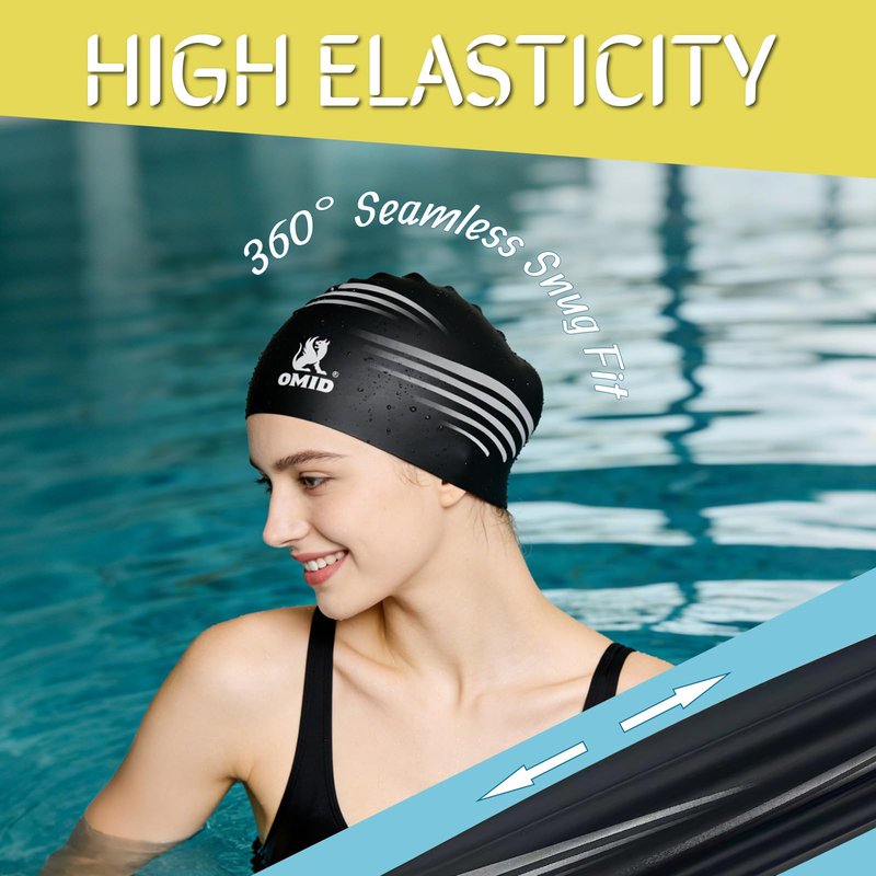 OMID Waterproof Swim Cap for Women with Long Hair - Chemical Resistant Silicone Swimming Cap, UV Protection for Pool Beach, Fits Dreadlocks and Thick Hair (Black)