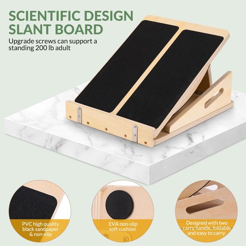 2-in-1 Slant Board&Professional Wooden Balance Board for Calf Stretching, Adjustable Wooden Incline Board, 200 Lbs Weight Capacity Calf Stretch Wedge for Exercise with Training Poster