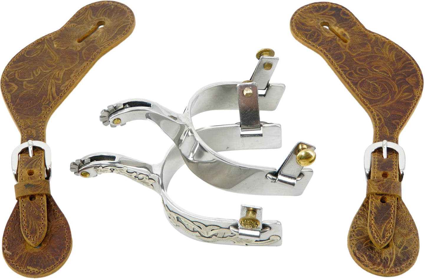Jeereal Men's Western Stainless Steel Cowboy Spurs with Spur Straps, Engraved German Silver Trims,Iron 1" Band 2-1/4" Shank