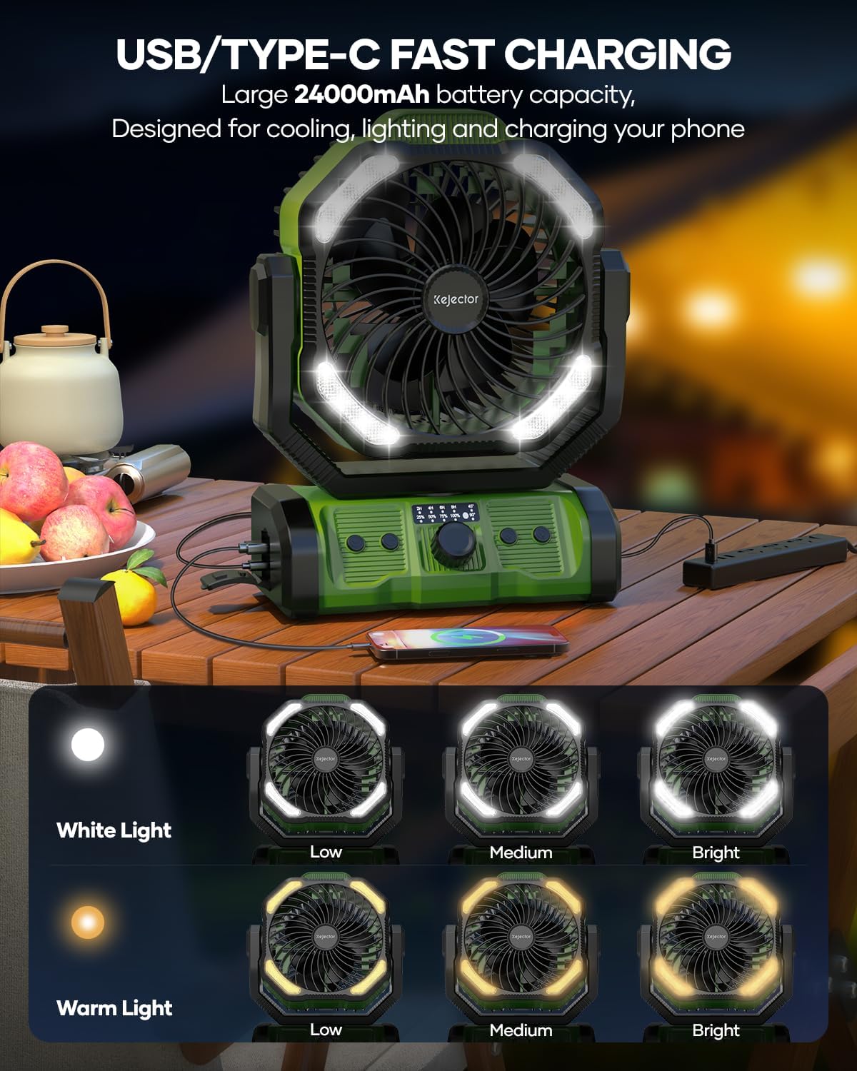 kejector Battery Powered Fan Rechargeable - 24000mAh 3-in-1 Portable Camping Fan with LED Lights, USB C, Auto Oscillating Operated Fan for Tents, Travel, BBQ, Fishing, Home, Office, Camper Essentials