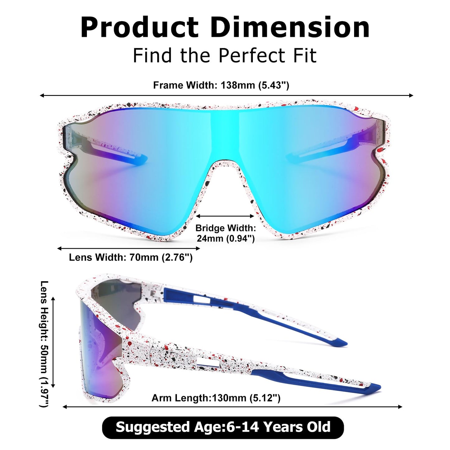 GLARDEFE Kids Baseball Sunglasses - Youth Baseball Sunglasses for Boys Girls - Sports Softball Shades Age 6-14(White/Blue Mirror + Black/Silver Mirror)