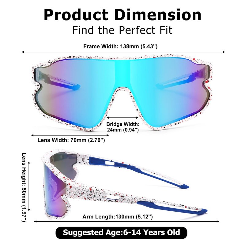 GLARDEFE Kids Baseball Sunglasses - Youth Baseball Sunglasses for Boys Girls - Sports Softball Shades Age 6-14(White/Blue Mirror + Black/Silver Mirror)