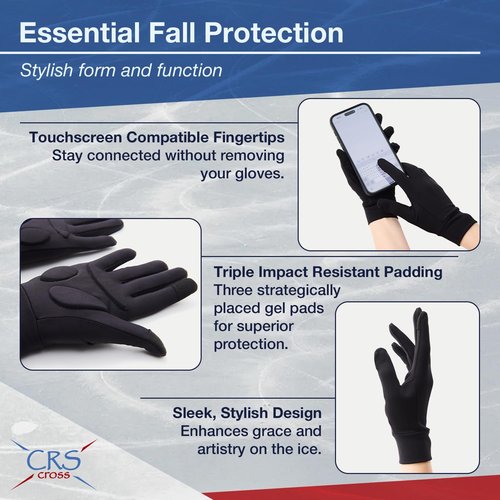 CRS Cross Padded Ice Skating Gloves. Warm Padded Protection for Figure Skating Testing, Practice, Dance Competitions, Roller Skaters and Cheerleading. (Black, Ladies Small/Medium)