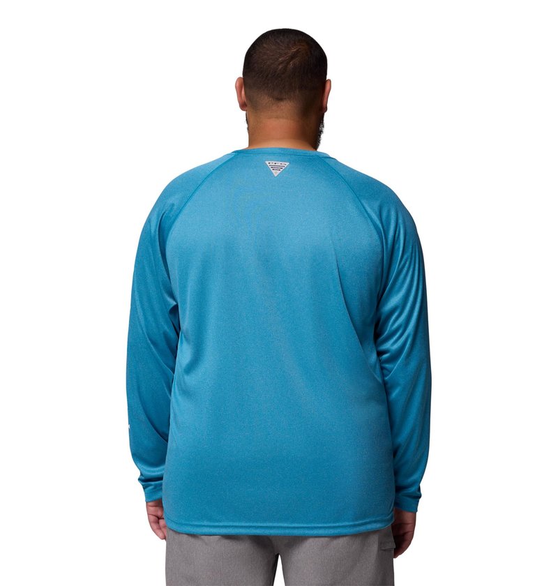 Columbia Men's PFG Terminal Tackle Long Sleeve Fishing Shirt, Blue Echo Heather/White Logo, Large Tall
