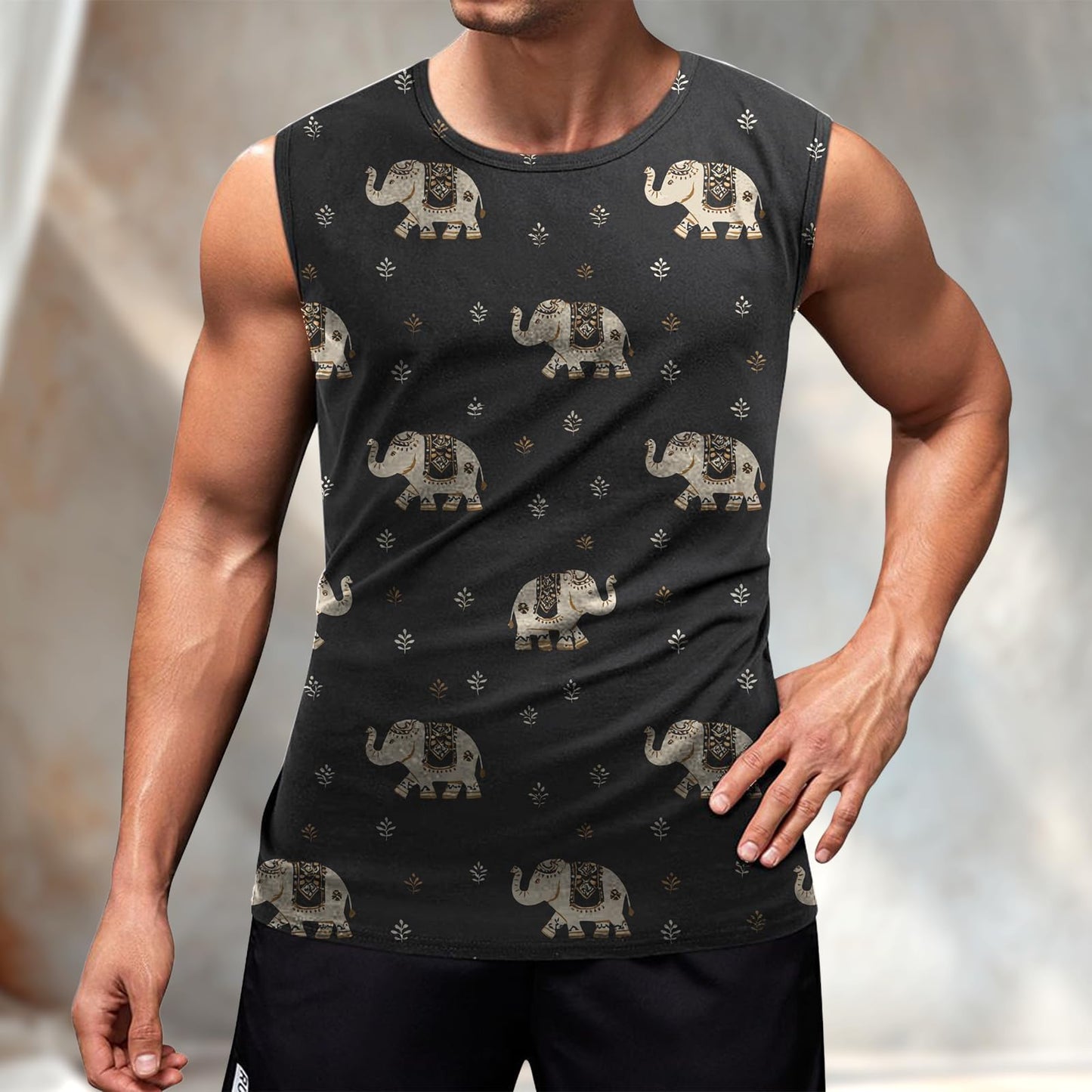 Lightweight Mens Tank Tops Graphic Stylish Elephant Oversized Hawaii Beach Wear for Men Summer Sleeveless Retro Crewneck Casual Wear Vacation Clothing,M