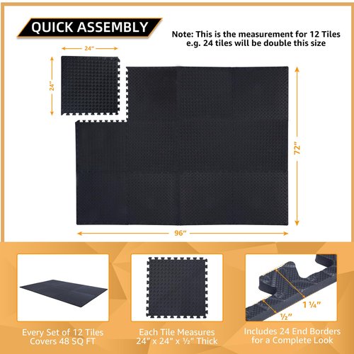 24 Pack, 96 SQFT - 24" x 24" - 1/2" Extra Thick Floor Exercise Mat for Home Gym or Floor Padding - High-Density EVA Interlocking Foam Floor Tiles for Gym Equipment, Play Area | Yoga, Cardio, Weights