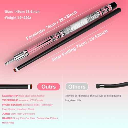 DOKIBI 58" Professional Pool Cue, 2-Piece Billiard Stick 12.5mm Tip Low Deflection Pool Sticks,20oz Fiberglass Front & Maple Rear