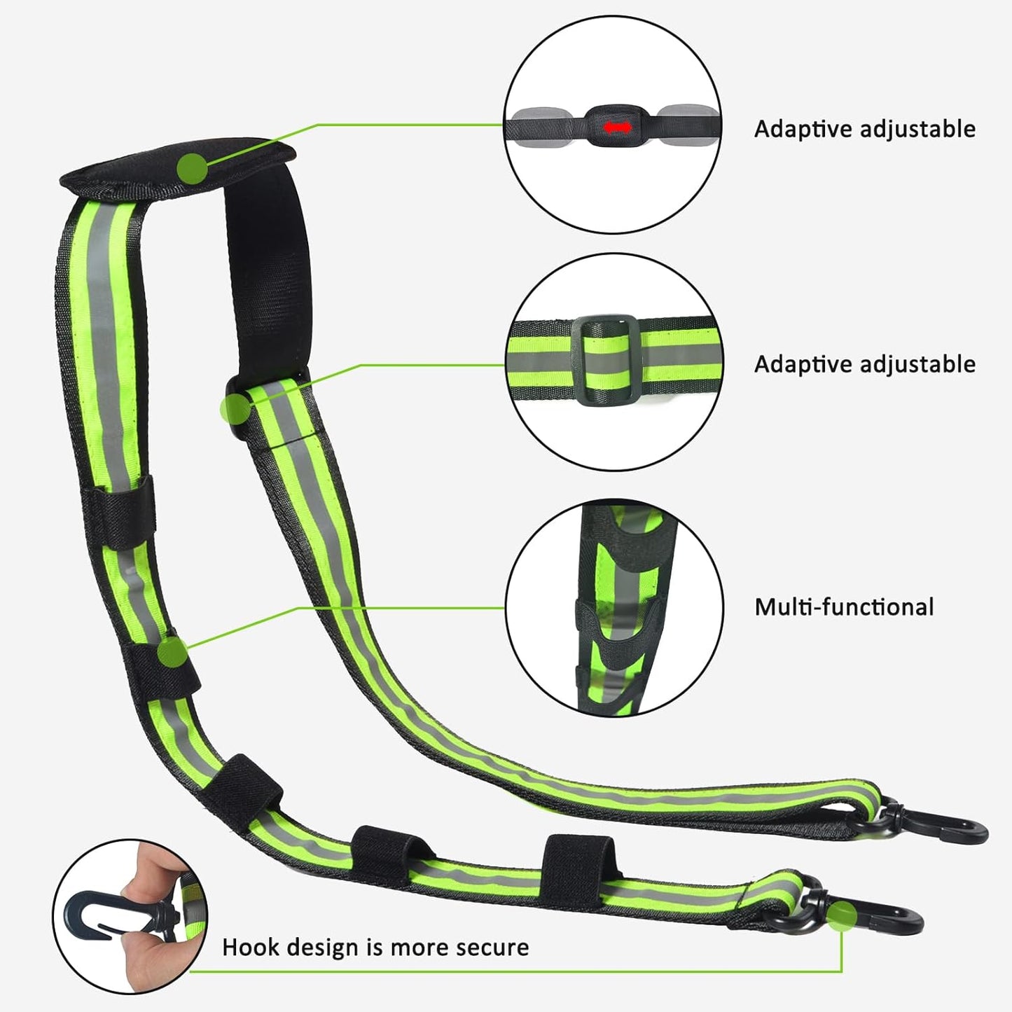 HYS 4.99ft Reflective Adjustable Shoulder Strap with Elastic to Secure Handheld Radio Mic clip - Thick Padded Non-Slip Design for Walkie Talkie Holsters & Crossbody Bags - Durable Swivel Hooks