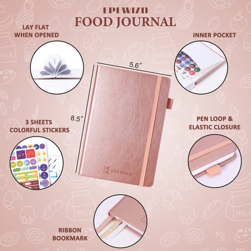 EPEWIZD Food Journal for Weight Loss, Meal Planner & Daily Food Wellness Diary to Count Calories Nutrient Intake,Weight Loss Journal to Track Health, Achieve Diet Fitness Goals (A5 size)-Rose Gold
