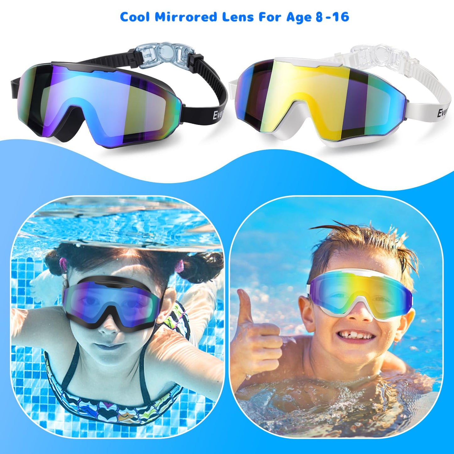 EverSport 2 Pack Kids Swim Goggles Frame Less Design Anti-fog UV Protection Clear Wide Vision No Leak, Water Pool Swimming Goggles for kids 6-14 8-14 8-12 Youth Children Boys Girls