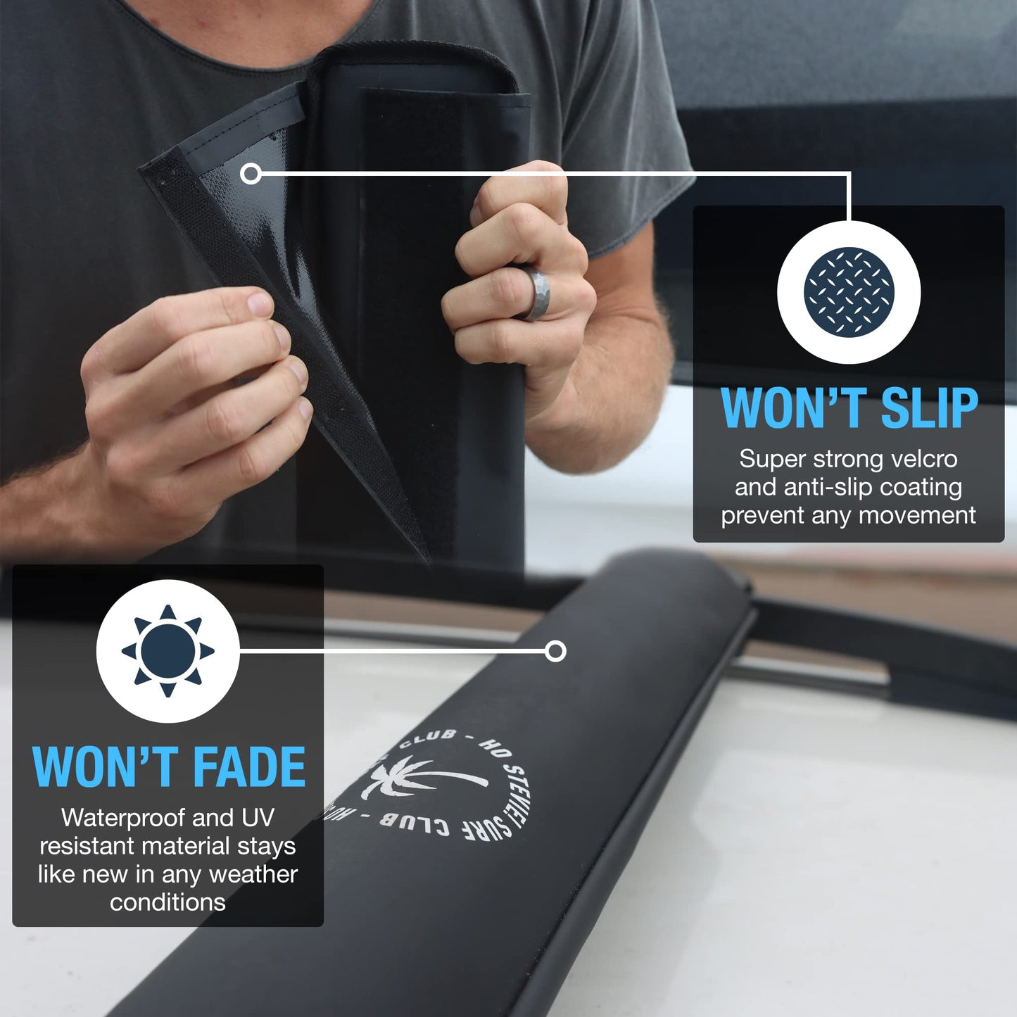 Ho Stevie! Surfboard/SUP Aero Roof Rack Pads (Set of 2 Pads, 28" or 17") for Cars with Crossbars (28")