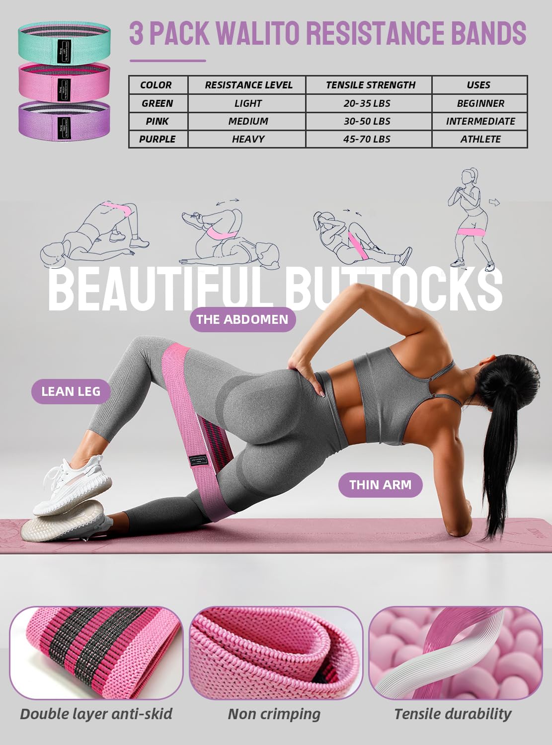 1/3 Pink Yoga Mat Thick, Yoga Set for Beginners Include High Density Pink Yoga Mat with Multi-loops Strap, Blocks, Booty Resistance Band Set, Door Anchor, Carring Strap
