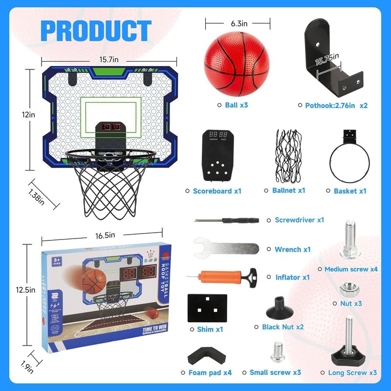 VIGNUTO Indoor Basketball Hoop for Kids(Over 3 Years Old), Over the Door Basketball Hoop with Scoring, Countdown and Music Accompaniment, Kids Toys