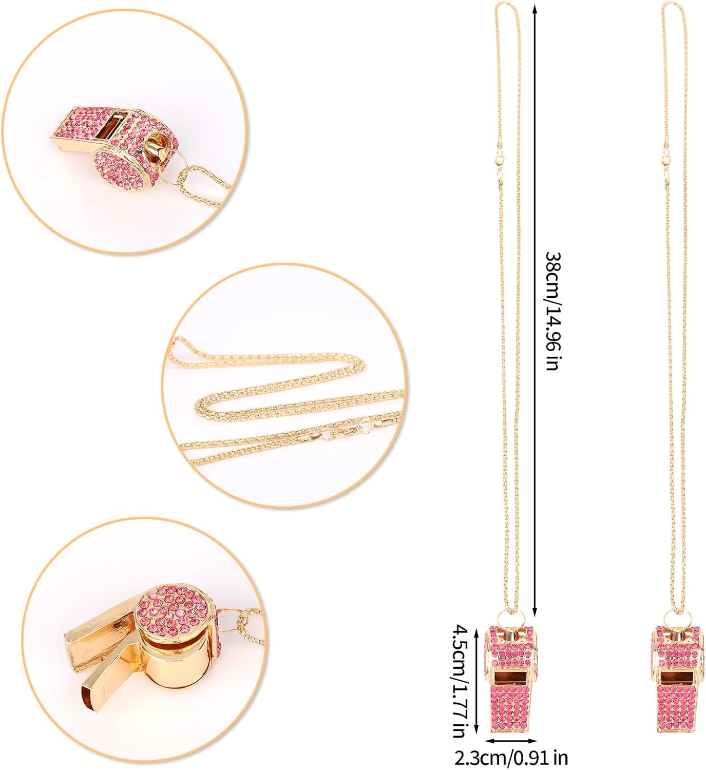 2pcs Bling Whistle, Metal Crystal Rhinestone Whistles Loud Crisp Sound Sports Whistle with Chain Lanyard Gifts for Teacher Referee Official Lifeguard Basketball Training (Gold, Pink)