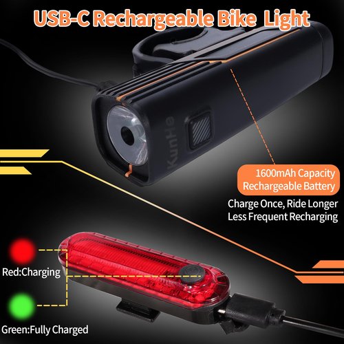 KunHe 2 Pack 227Lumens 1600mAh Bike Light Set Rechargeable Front & Rear Bicycle Lights with IPX4 Waterproof 4 Modes for Night Cycling