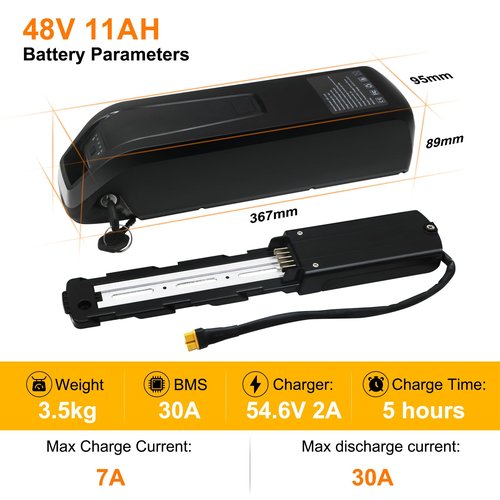 36V 48V Ebike Battery 11Ah 17Ah Electric Bike Battery with 2A Fast Charger 30A BMS for 0-1400W Motor, USB Output, Safe Lock, Led Indicator Light, with Base and Charger (48V 11AH)