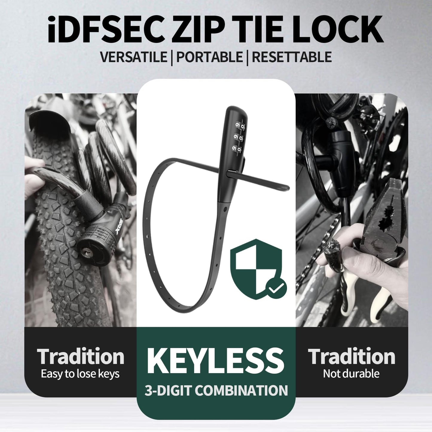 iDFSEC Zip Tie Lock, Adjustable Cable Tie with Stainless Steel Core - Multi-Purpose Cable Lock for Securing Helmets, Bicycles, Skis, Scooters, Café, Gate Door (2/Pack, Black)