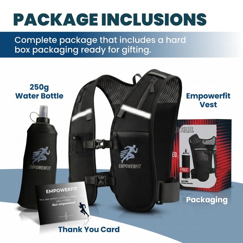 EMPOWERFIT Running Hydration Vest with 500ml Soft Bottle – Lightweight Running Pack for Men & Women, Breathable Mesh, Reflective, 6 Pockets