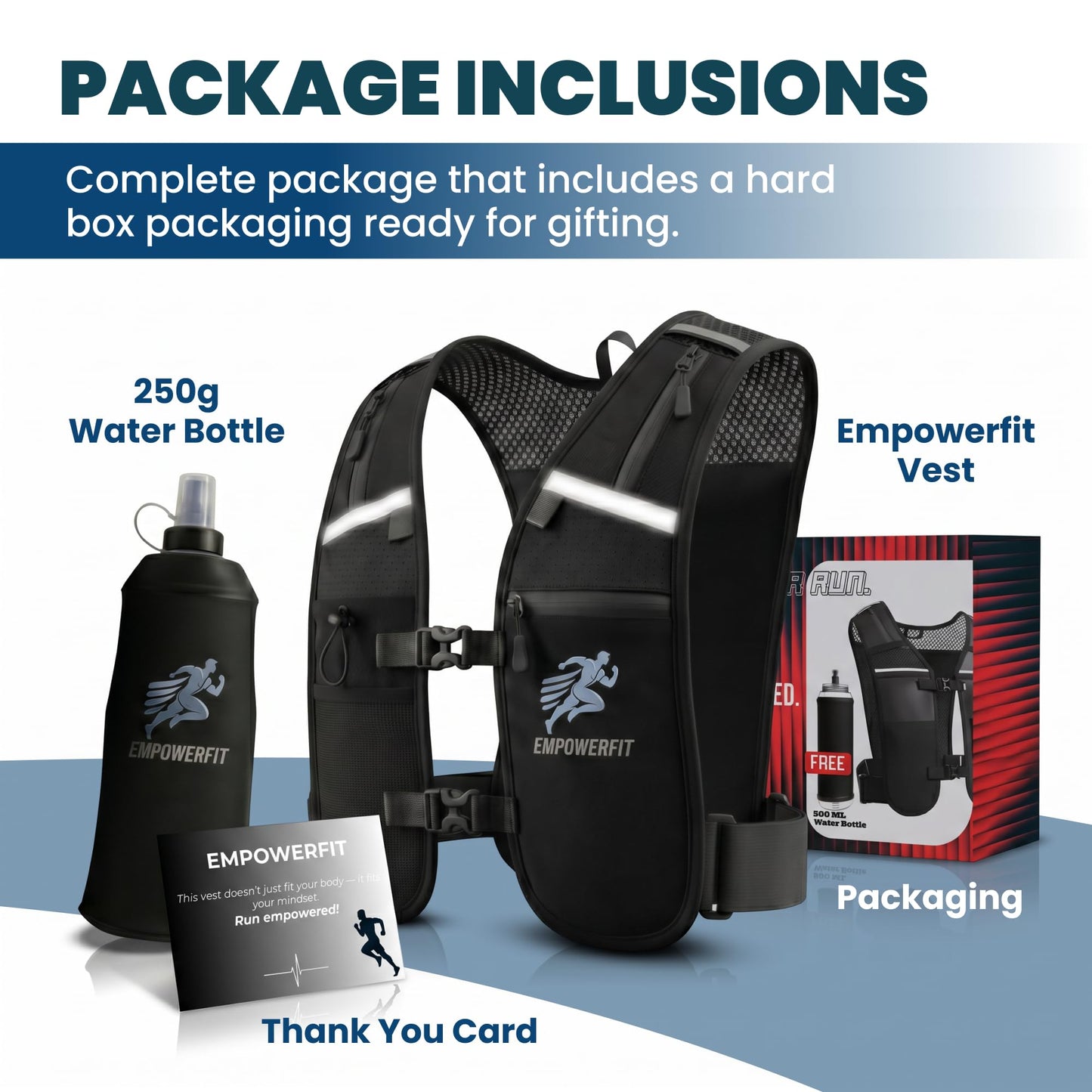 EMPOWERFIT Running Hydration Vest with 500ml Soft Bottle – Lightweight Running Pack for Men & Women, Breathable Mesh, Reflective, 6 Pockets