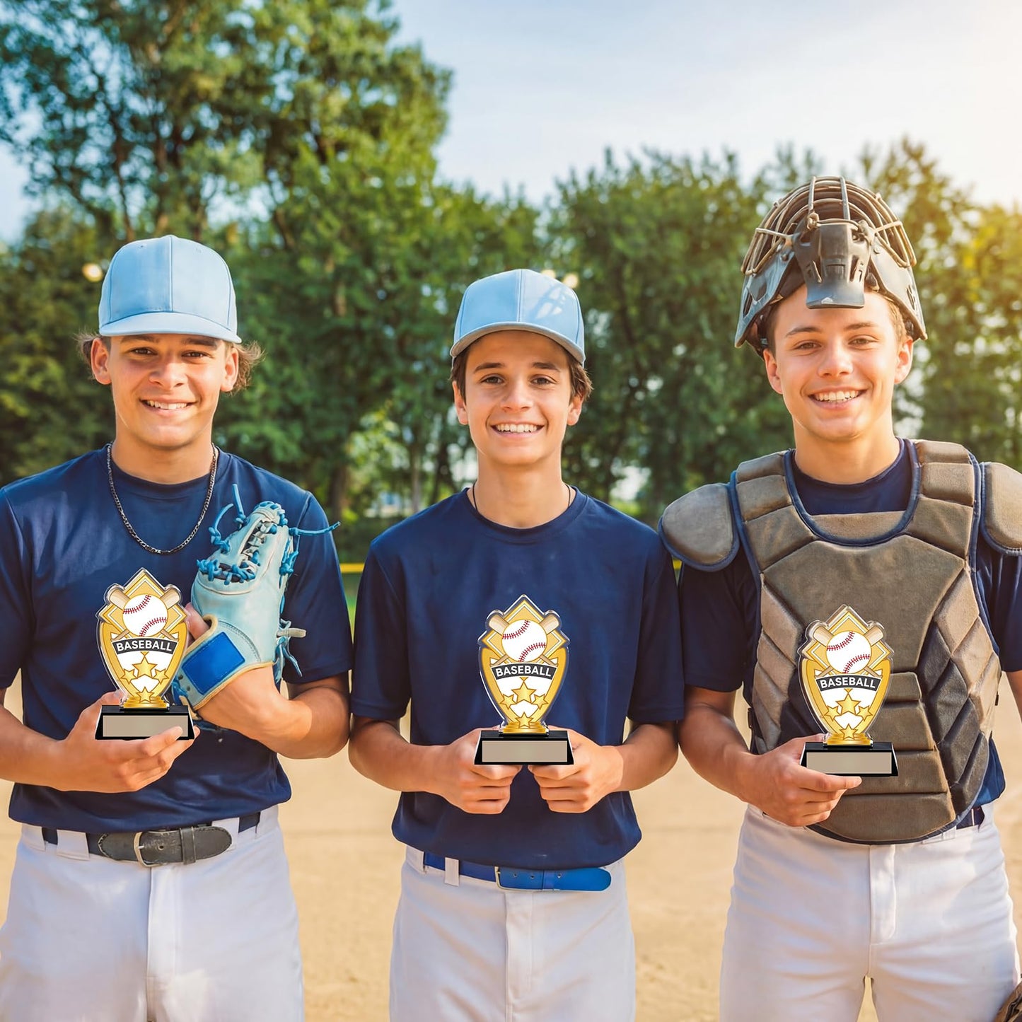 Gerrii Acrylic Trophies Awards with DIY Name Stickers Pack of 3 Champion Trophy Medals Team Reward Gift for Basketball Softball Baseball Competition Contest Tournament, 5.8/6.14/6.38inch