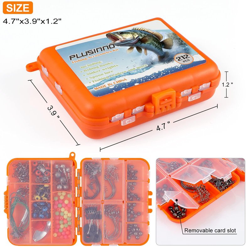 PLUSINNO Fishing Accessories Kit, 212pcs Bass/Trout Fishing Tackle Kit with Tackle Box Including Fishing Hooks, Swivel Snap, Weights Sinkers, Saltwater Freshwater Fishing Gear Equipment Stuff