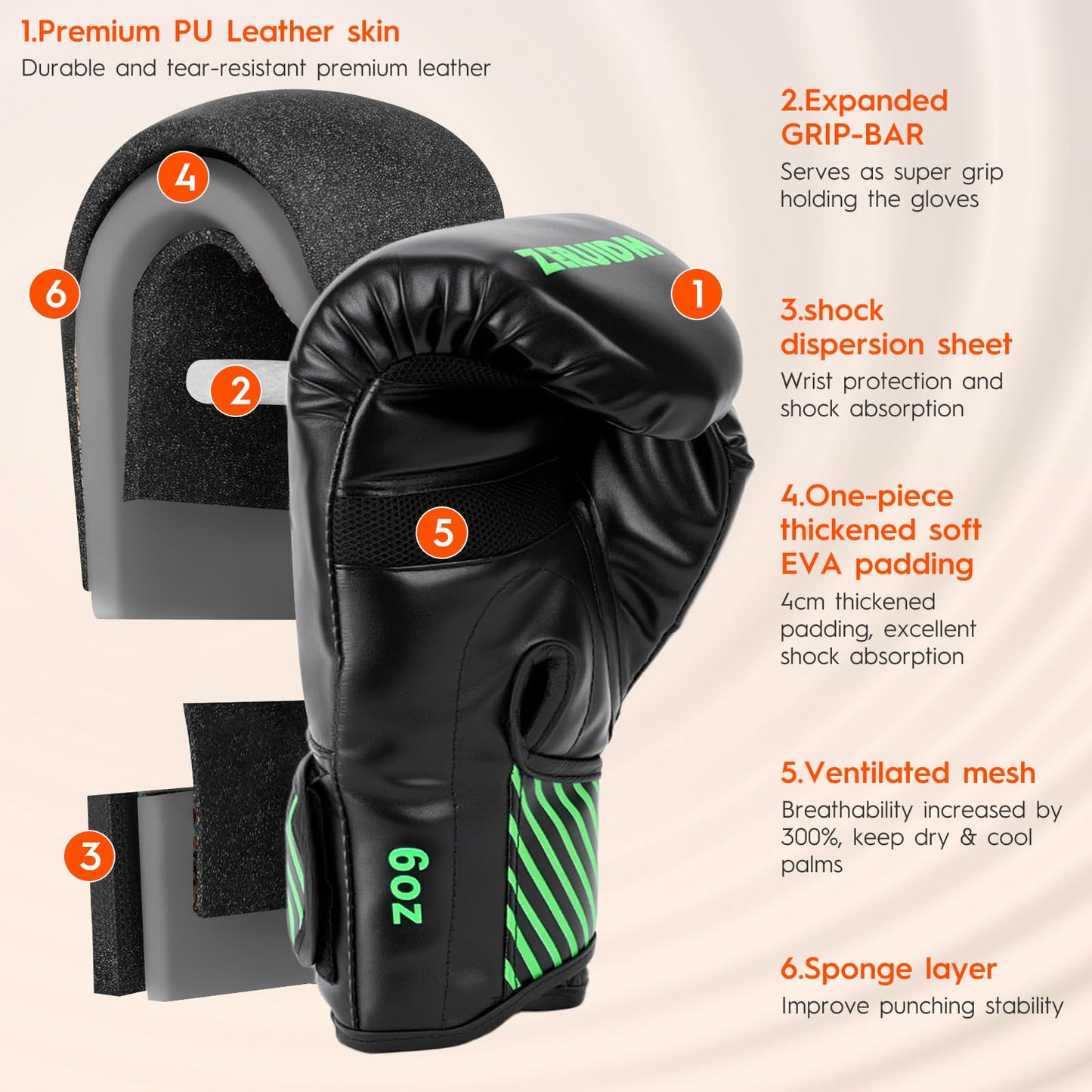 Kids Boxing Gloves, 6oz Youth Punching Gloves for 3–14, One-Piece-Moulded, Boxing Training Sparring Glove for Kickboxing, Punch Bag, Muay Thai, MMA(Green)