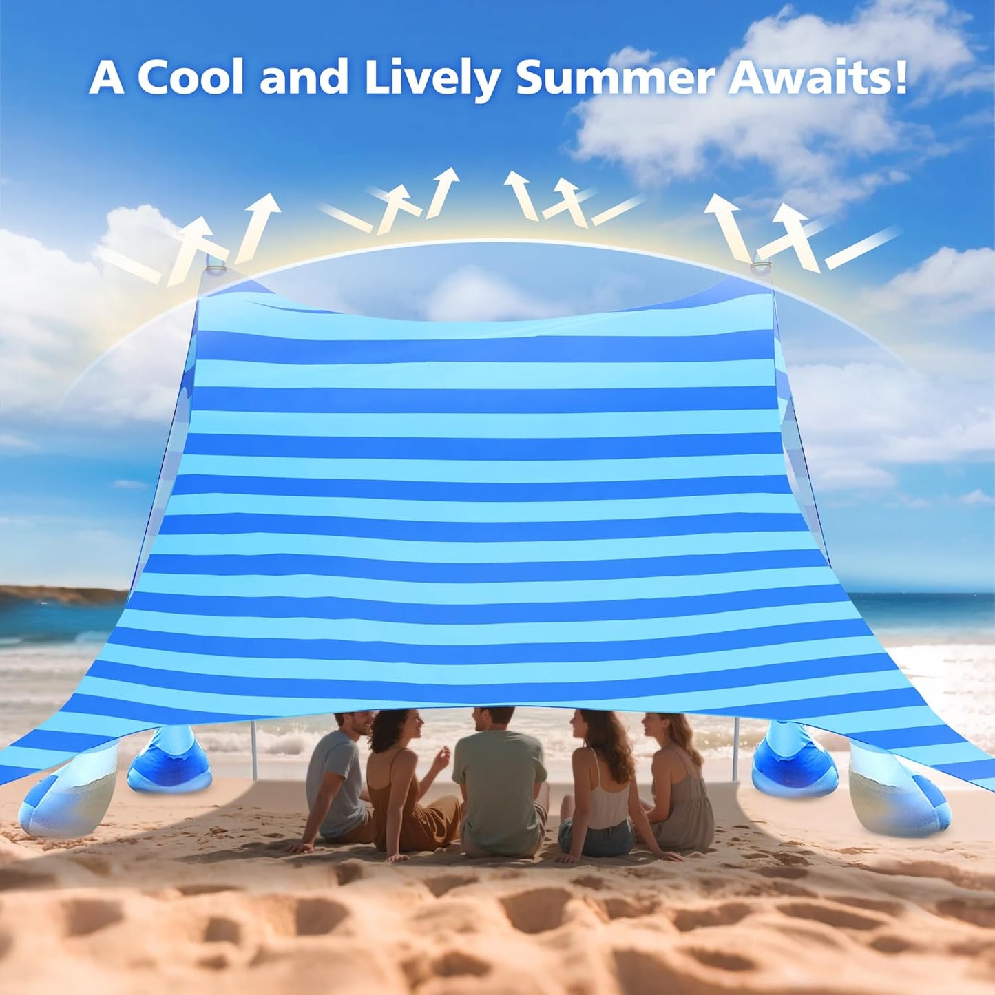 2PM SPORTS Beach Tent Canopy with UPF50+ UV Protection, Outdoor Large Beach Sun Shade Shelter for Family Picnic Camping Travel Shore Fishing, 8 Sandbags, Sand Shovel (Navy Blue, 10x10 FT)