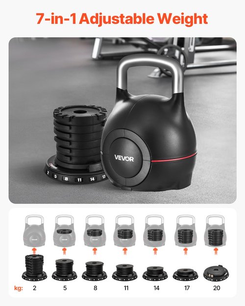 VEVOR Kettlebell, Adjustable Kettlebell with 7 Weight Levels (5, 11.5, 18, 24.5, 31, 37.5, 44 lbs), Die-Cast Aluminum and ABS Material, for Grip Strength Training, Full-body Workout & Cross-Training