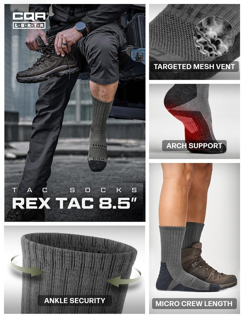 CQR 3 Pack Men and Women Wool Hiking Mid Calf Crew Socks, Moisture Wicking Breathable Outdoor Tactical Cushion boot Socks, Rex Tac 8.5in Light Grey, Medium
