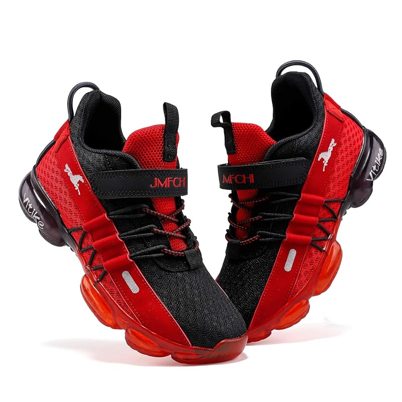 Kids Sneakers Running Shoes Boys Girls Knitted Mesh Elastic Lace Black/Red-8100+8
